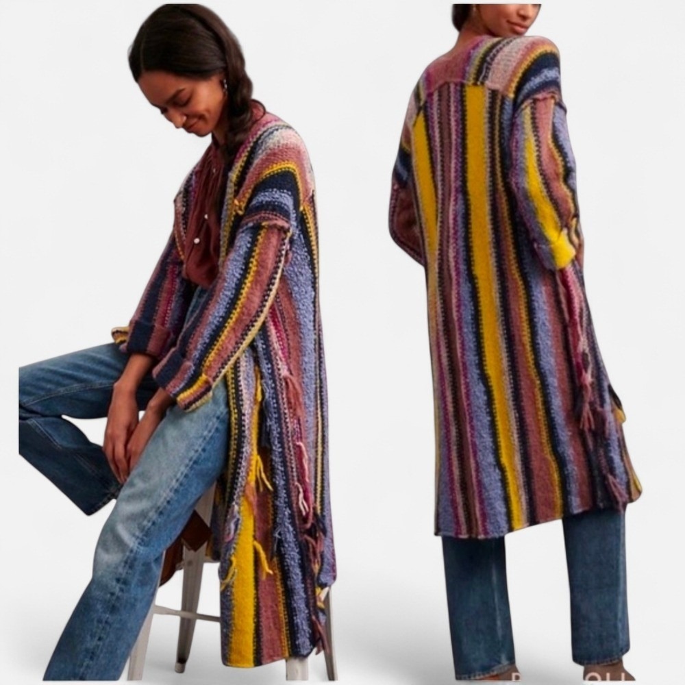 Pilcro Cardigan Women XS/S Multicolor Boho Chunky Knit Duster Fringe Striped